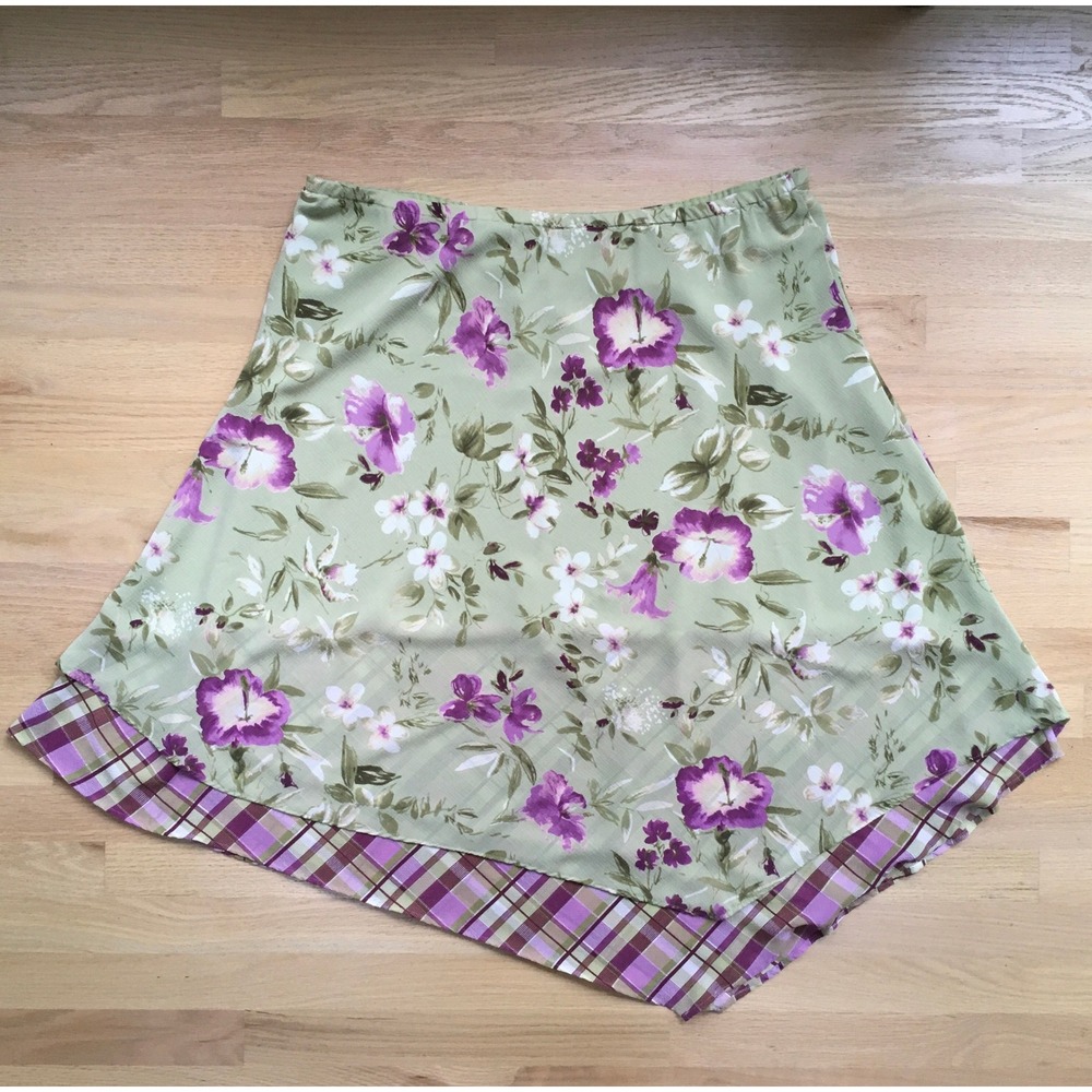 Emma James Woman Floral Handkerchief Hem Skirt Sage Green Purple Plaid 18W